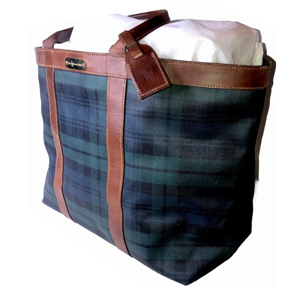 RALPH LAUREN Black Watch Plaid Oversized Coated Canvas Brown Leather Travel Bag